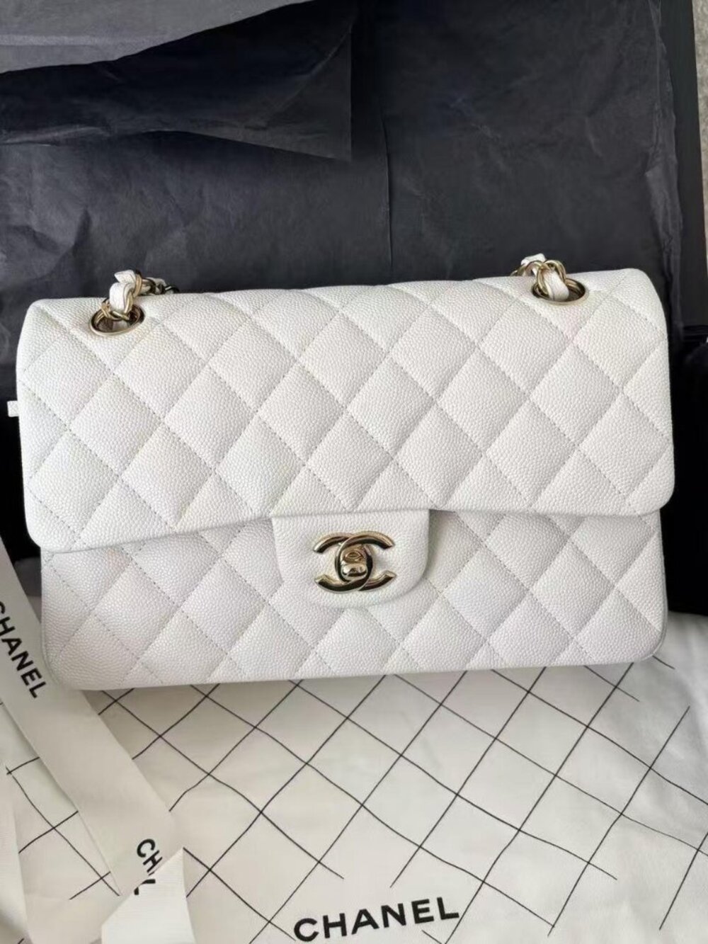 Chanel Caviar Quilted Medium Classic Double Flap Bag White GHW